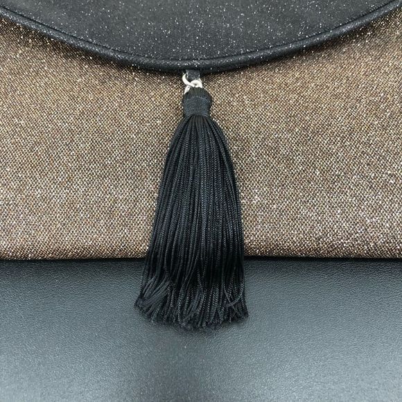 MNG Mango Shimmery Gold Black Envelope Tassel Convertible Clutch - Picture 3 of 14